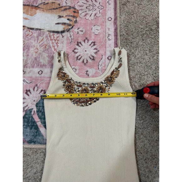 Y2K VTG Cache Beaded Tank Top Cream Ribbed Knit Sleeveless Embellished Women's S - Picture 7 of 9